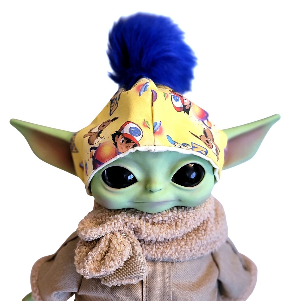 Pokémon Print Hat for 11" Baby Yoda Grogu dolls Yellow Blue faux fur pom-pom cap